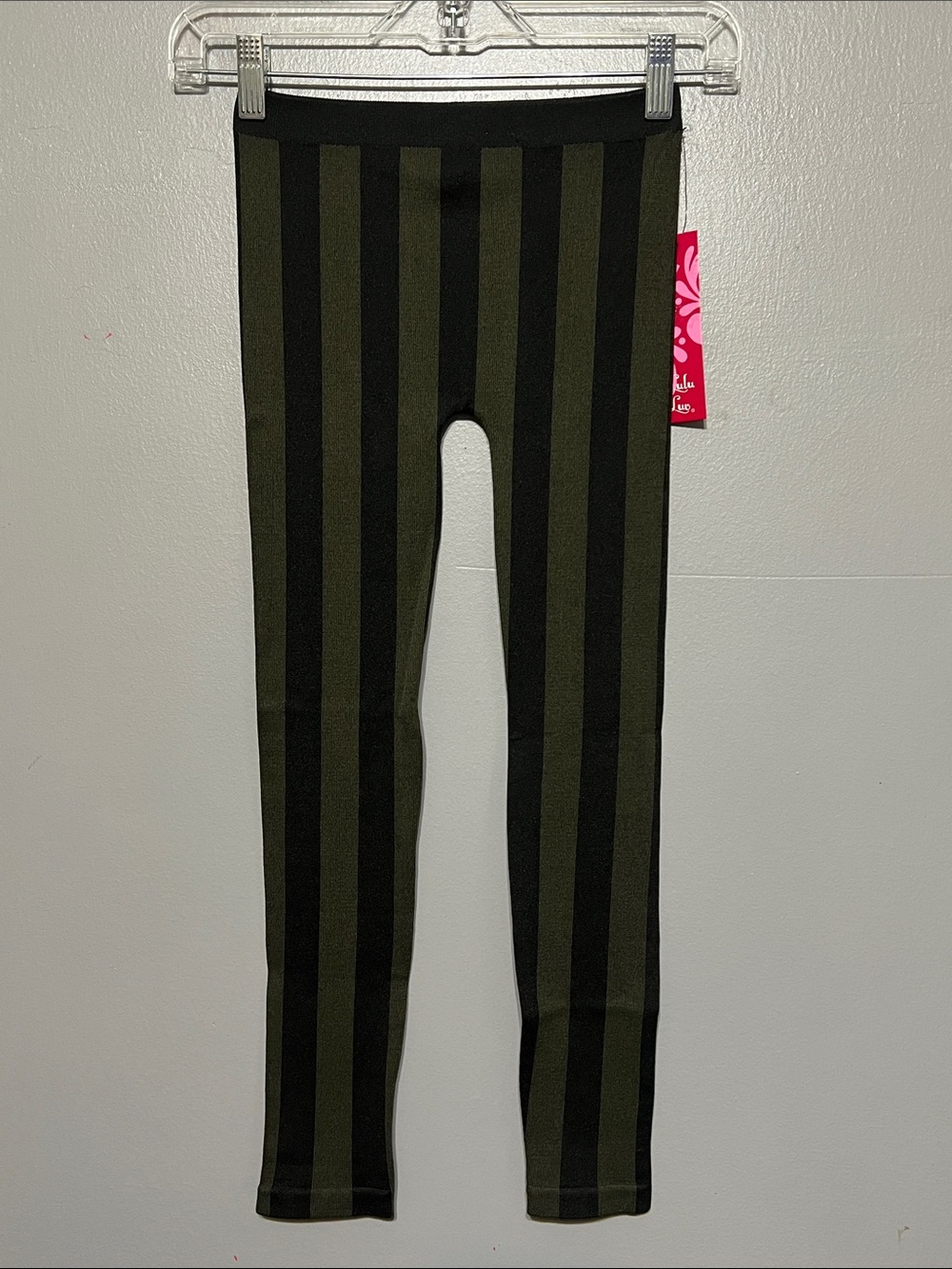 Lulu Luv Full Length Dark Olive Green & Black Striped Leggings Girl’s Size 7/8